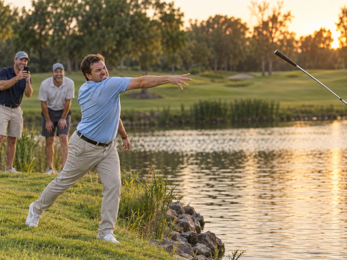 A golfer throws his iron into the pond while his friends laugh and film