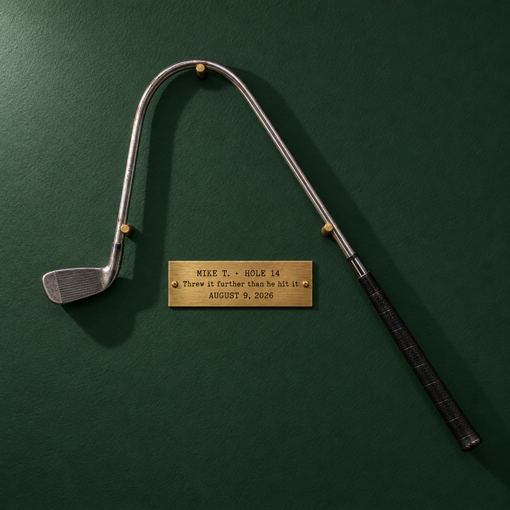 A Fore Iron hanging on a deep green wall above its brass plate