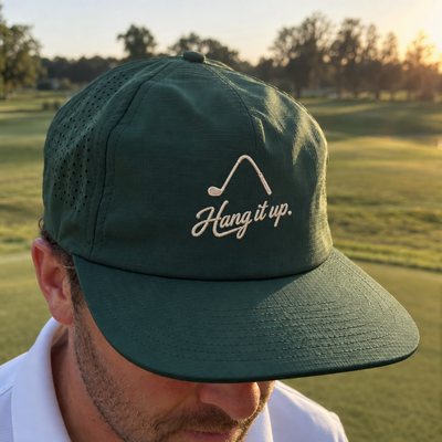 Green flat-brim golf hat embroidered with the bent iron mark and Hang it up.