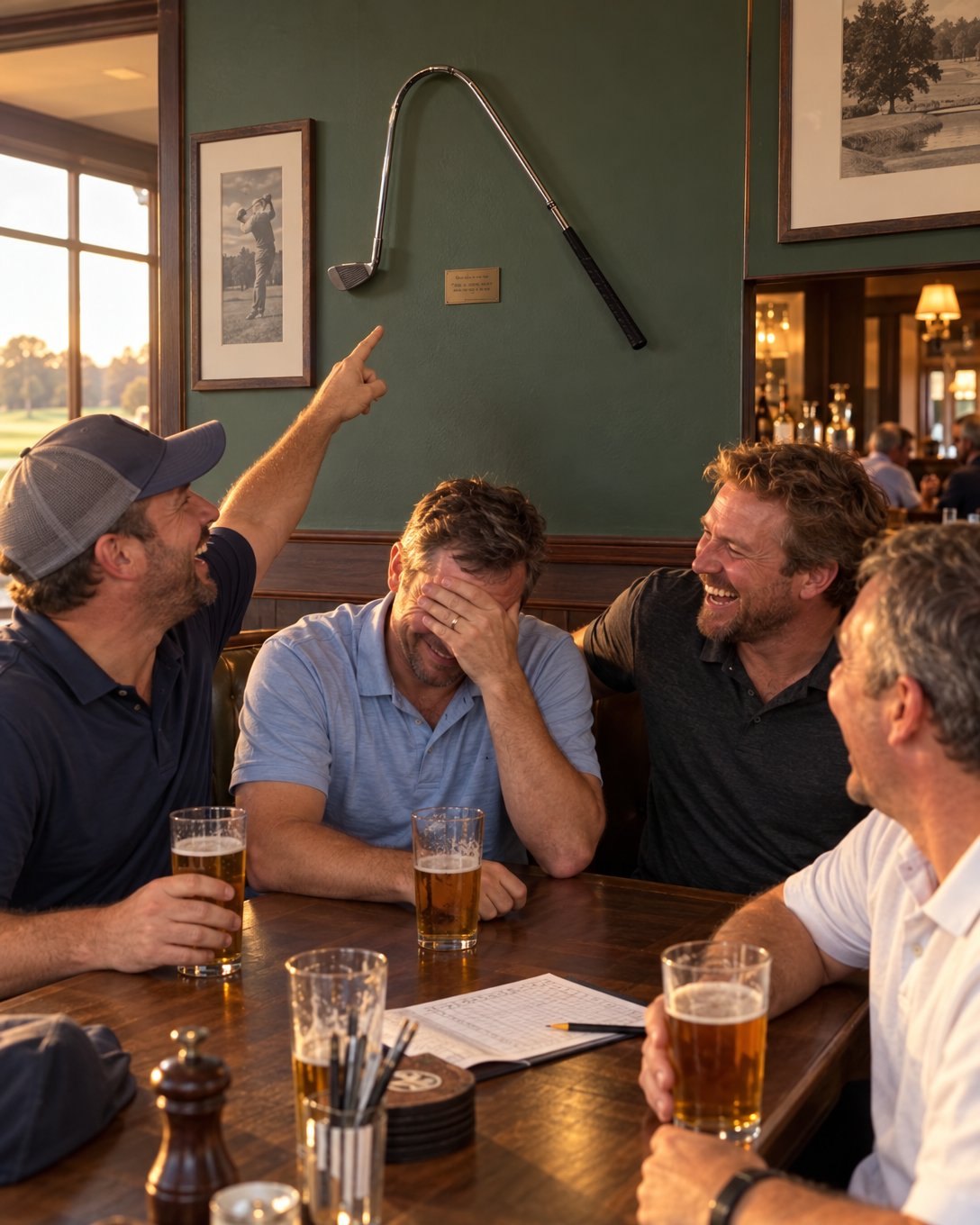 Friends at the clubhouse laughing and pointing at a Fore Iron, a bent vintage golf iron with an engraved brass plate, hanging on the wall