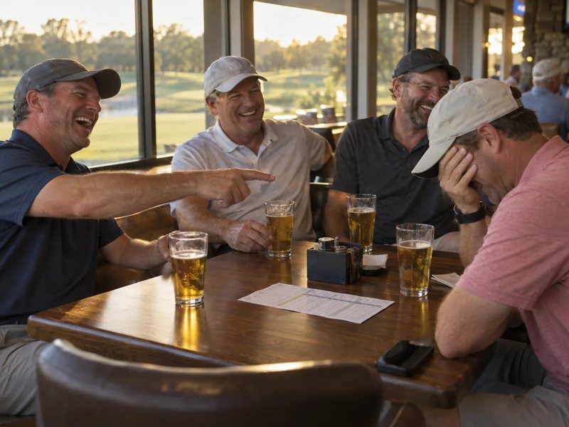 Four friends laughing over beers after the round