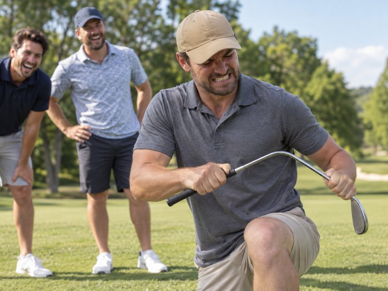 A golfer bending his iron over his knee while his friends laugh
