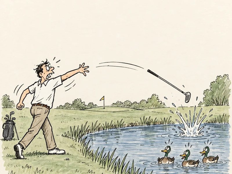 A drawing of a golfer throwing his club into a pond full of ducks