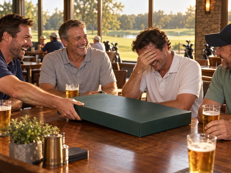 Friends at the clubhouse handing their buddy a flat green gift box while he laughs into his hand