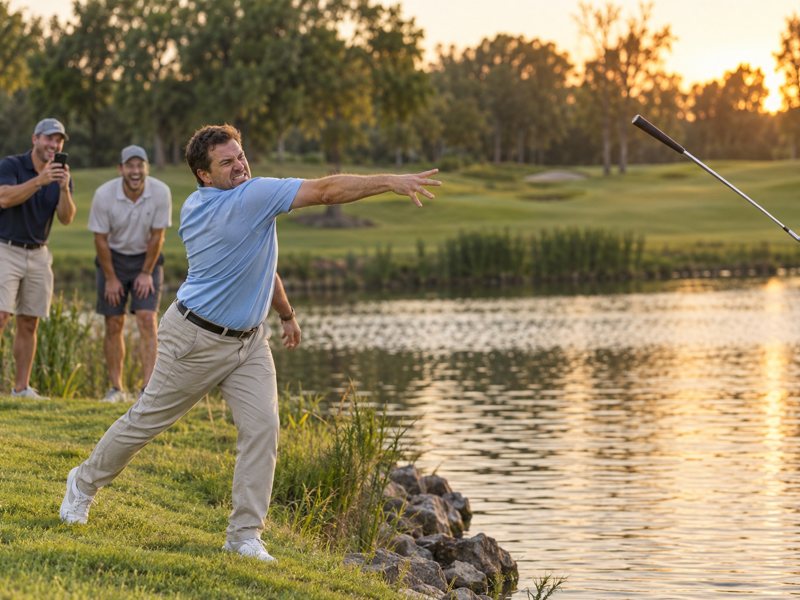 A golfer throwing his iron into the pond
